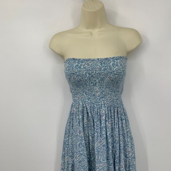 Patrons of Peace strapless midi dress blue floral smocked elastic faux wrap XS - Picture 3 of 5